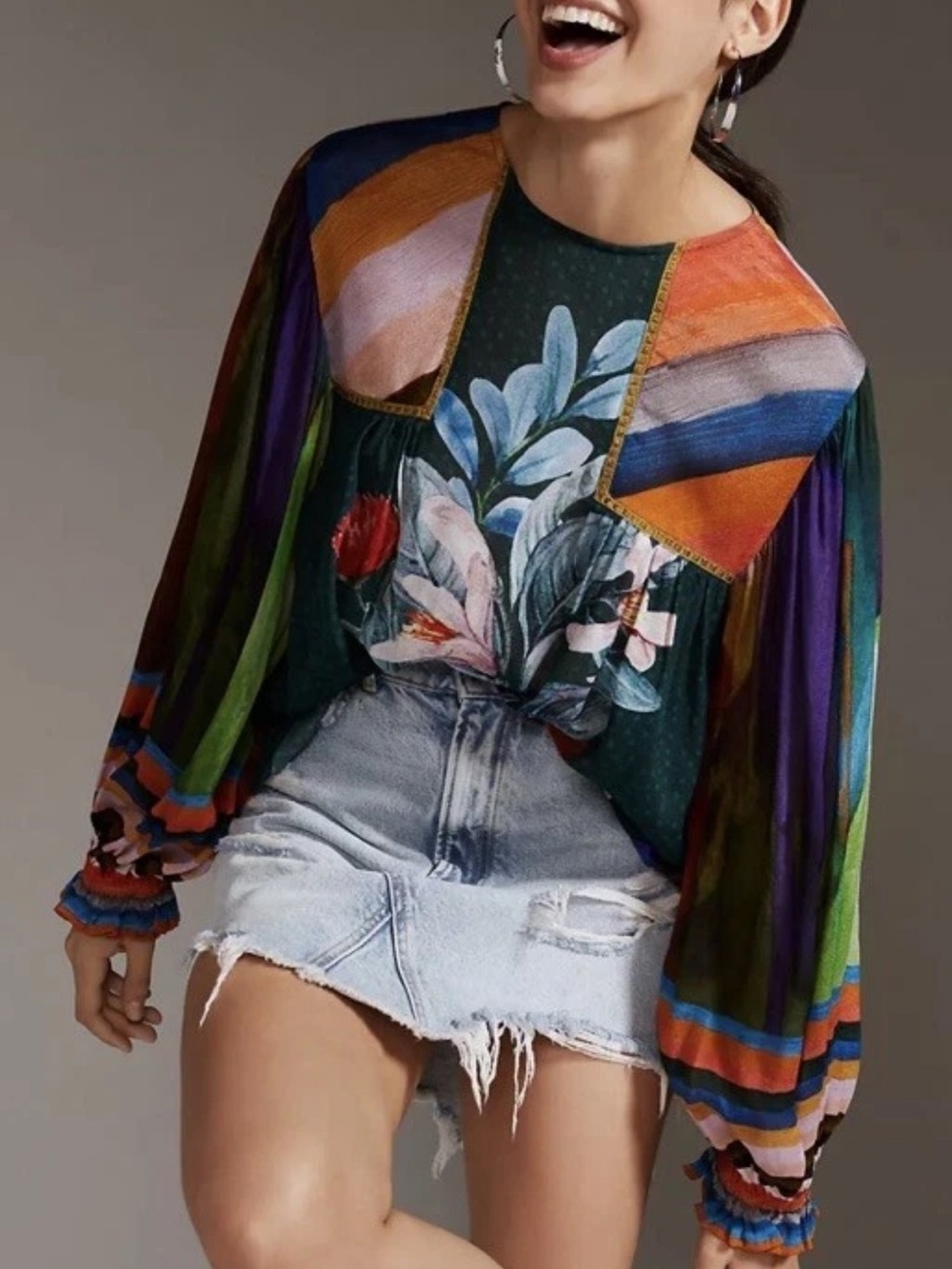 Bohemian Floral Patchwork Long-Sleeve Blouse in Multi